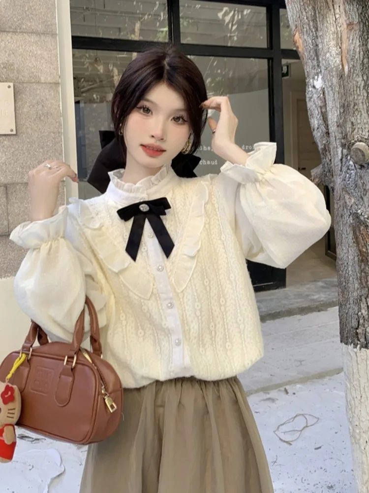 

Kawaii Korean Fashion Rojita Shirt Woman Autumn and Winter 2024 New Sweet Chanel Style Bow Lace Long Sleeve Bottoming Shirts Top