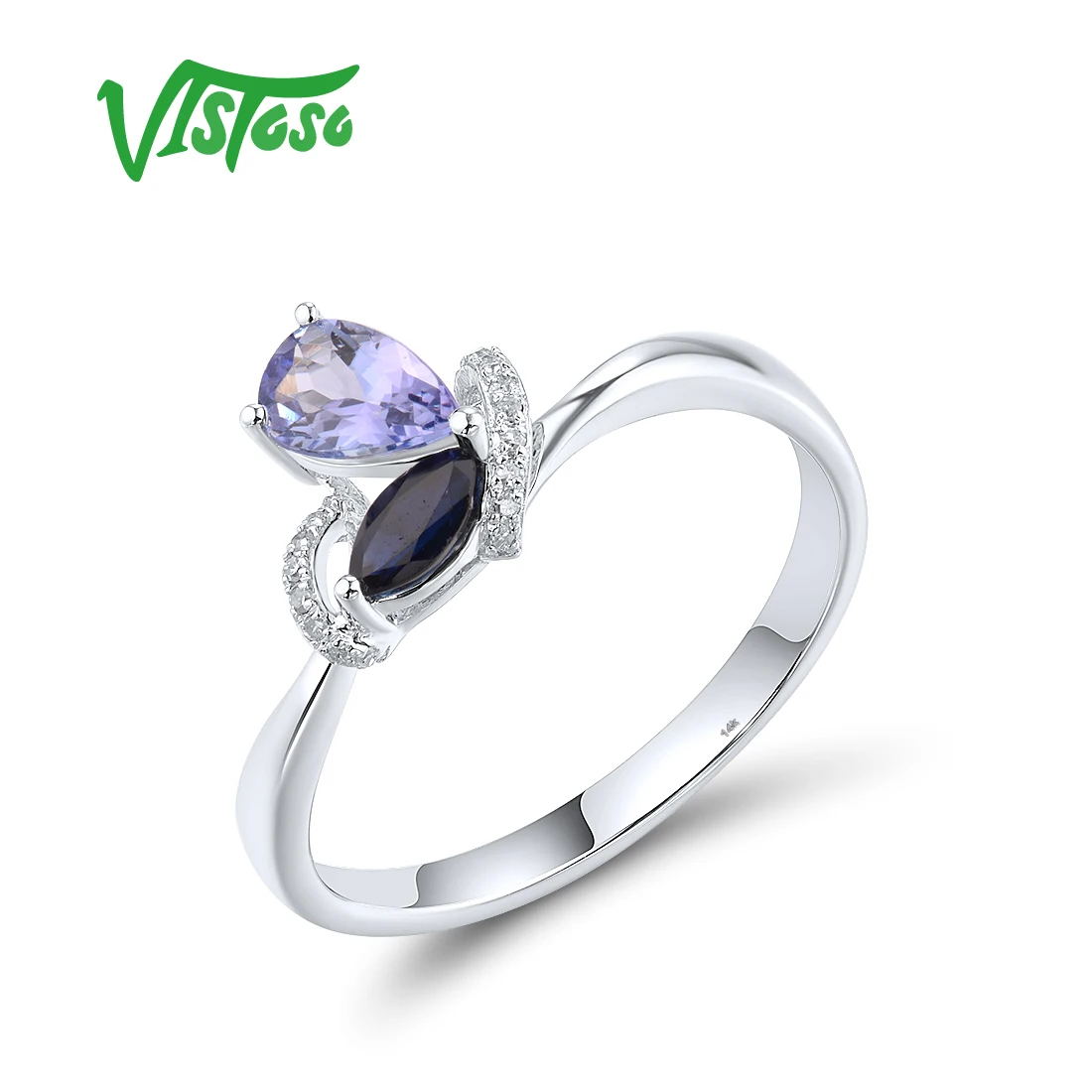 

VISTOSO Genuine 14K 585 White Gold Ring For Women Sparkling Diamonds Blue Sapphire Tanzanite Simple Daily Wear Chic Fine Jewelry