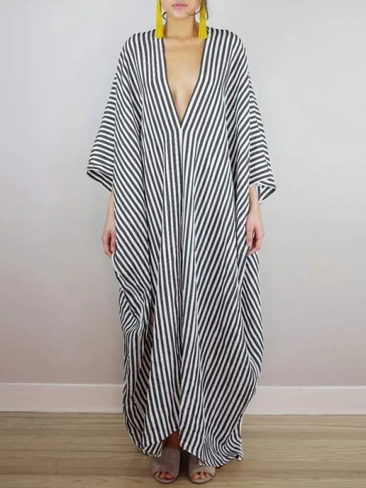 

Bohohipei Women Fashion Striped Sexy Deep V-Neck Beach Long Dress 2024 Spring Summer Batwing Sleeves Loose Vacation Maxi Dresses