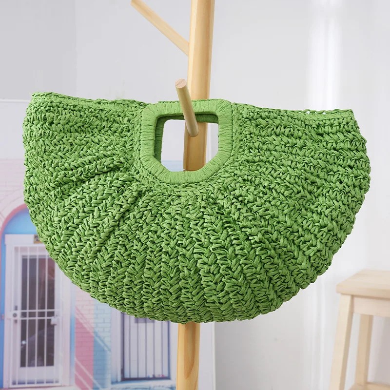 Half-Moon Woven Straw Handbag - Wooden Handle Beach Shopping Basket 8 Sbf974fa73ebd4932bbfc231a143699d8I