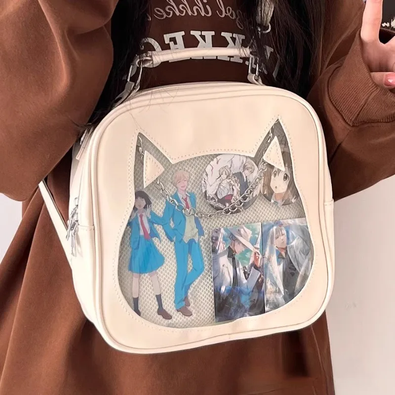 

Xiuya Cute Cat Womens Shoulder Bag Lolita Jk Chains Japanese Fashion Transparent Ita Bag Harajuku Casual Leather Ladies Backpack