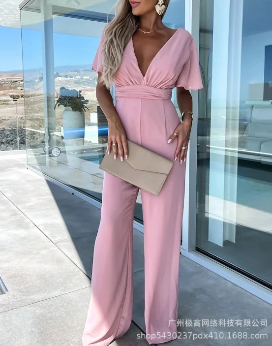 

Women's Wide Leg Jumpsuit Temperament Commuting 2024 Spring & Summer Women Fashion Short Sleeve Plunge Jumpsuits Vacation Casual