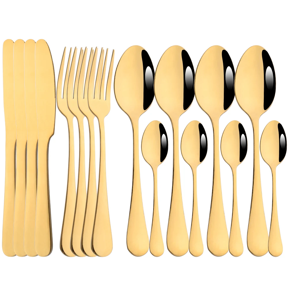 

Drmfiy Gold 16Pcs Dinnerware Set Dinner Knife Fork Spoon Flatware Kitchen Cutlery Set Stainless Steel Silverware Tableware Set