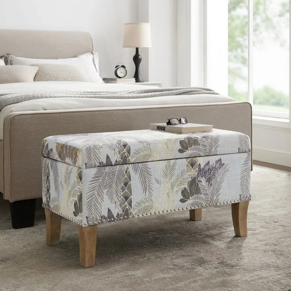 32” Stephanie Blue and Green Palm Leaf Print Upholstered Storage Ottoman Bench Space Saving Furniture
32” Stephanie Blue and Green Palm Leaf Print Upholstered Storage Ottoman Bench Space Saving Furniture