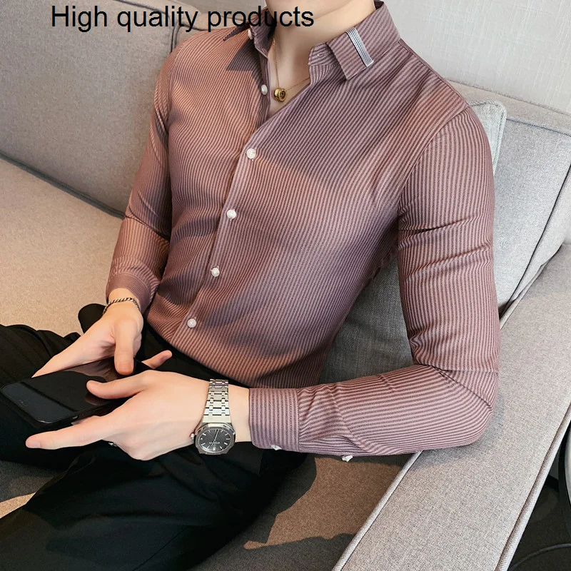 

Недорогая деловая Мужская рубашка 2023, брендовая модная универсальная приталенная деловая рубашка в полоску с длинным рукавом, Мужская блузка