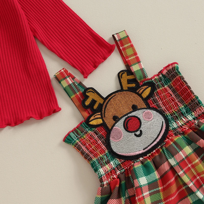 

Рождественский комплект с юбкой на подтяжках для маленьких девочек, футболка с длинным рукавом и высоким воротом и клетчатая юбка с оленем, осенний наряд