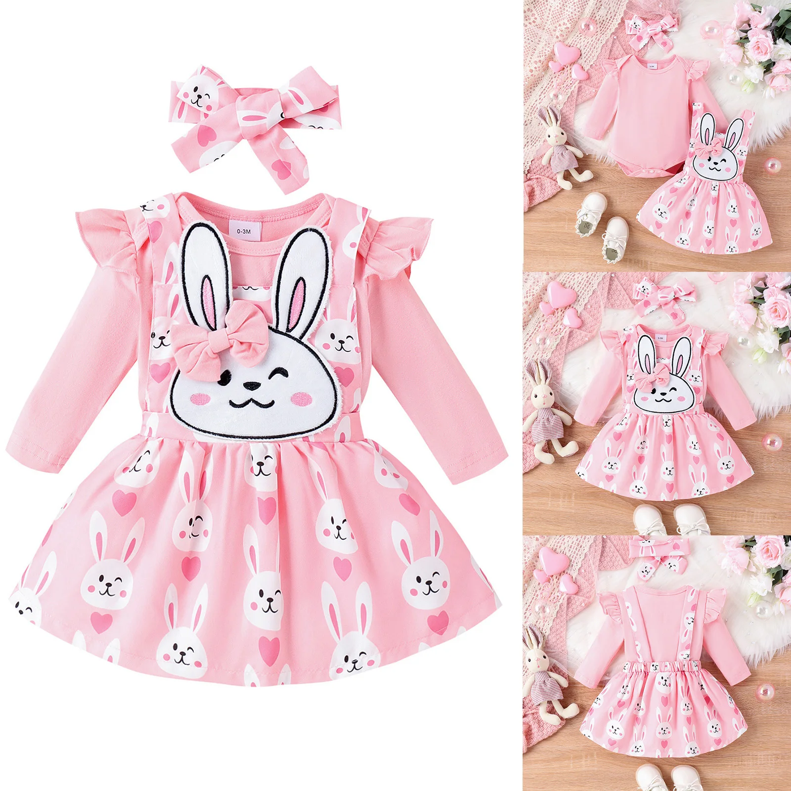 

TiaoBug Newborn Baby Girl Three Pieces Outfit Long Sleeve Romper with Rabbit Suspender Skirt Dress and Bow Headband Set Easter