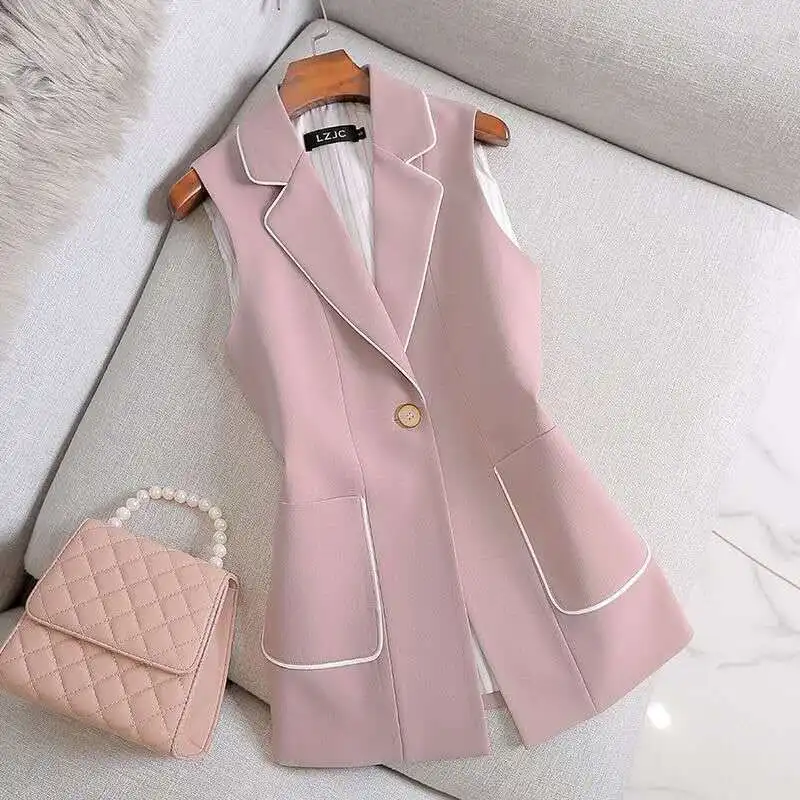 

Women's V-neck 2024 Spring and Autumn New Fashion Commute Sleeveless Solid Color Patched Pocket Button Suit Slim Vest Coat Tops