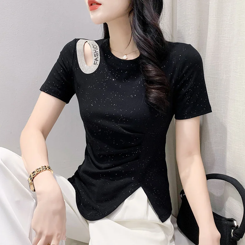 #6596 Black White T Shirt Women Summer Asymmetrical T-shirt Short Sleeve O-neck Streetwear Tshirt Female Folds Diamonds Letters
#6596 Black White T Shirt Women Summer Asymmetrical T-shirt Short Sleeve O-neck Streetwear Tshirt Female Folds Diamonds Letters