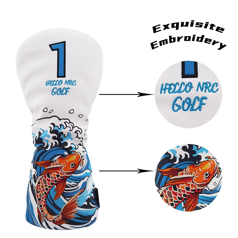 Golf Wood Cover Koi Pattern Driver Fairway Hybrid Protector Head Cover PU Leather Soft Durable Golf Club Covers Waterproof Golf Wood Cover Koi Pattern Driver Fairway Hybrid Protector Head Cover PU Leather Soft Durable Golf Club Covers Waterproof