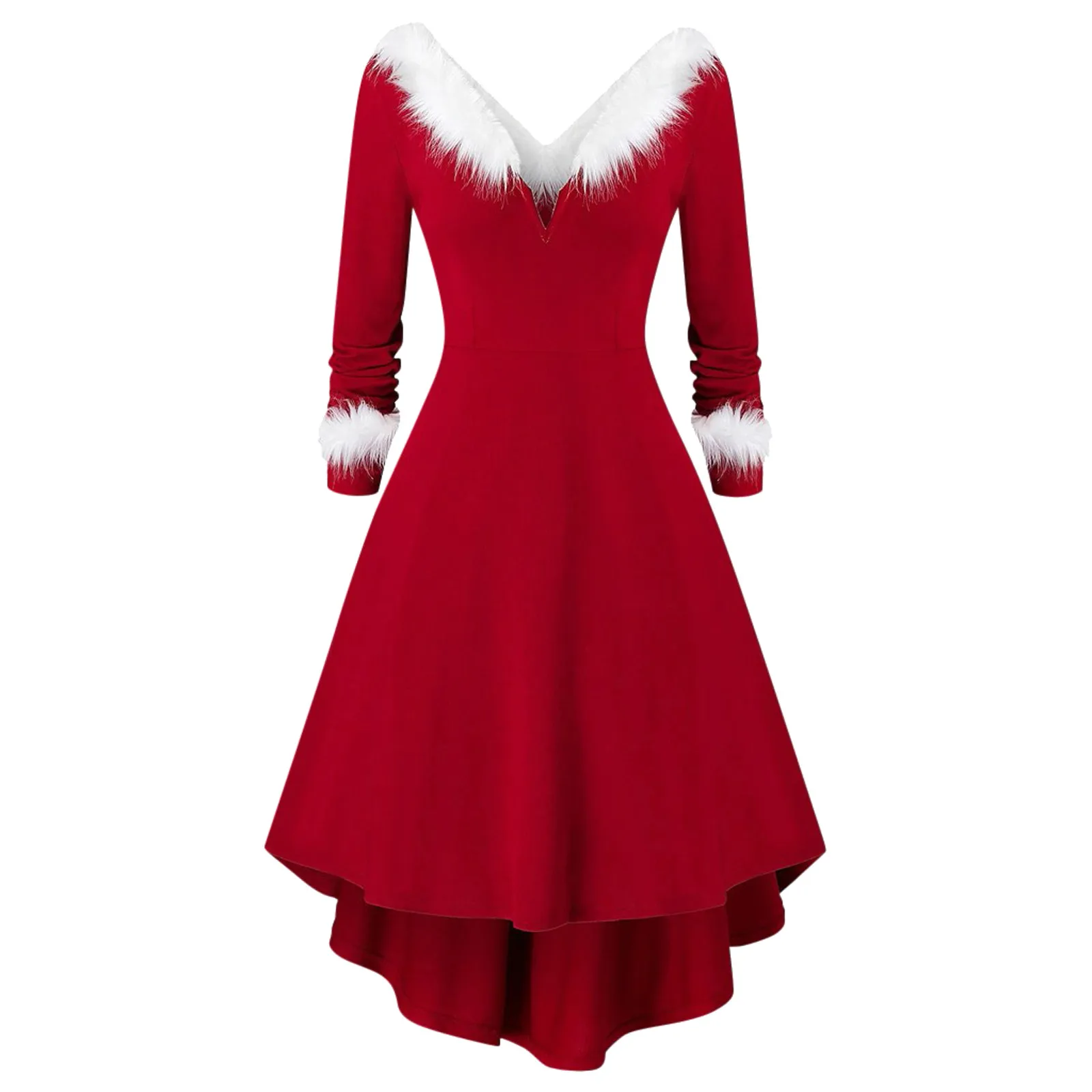 

Christmas Party Long Dress Women Sexy V-Neck Red Swing Dress Winter White Plush Trim Pleated Asymmetric Midi Dress Santa Costume