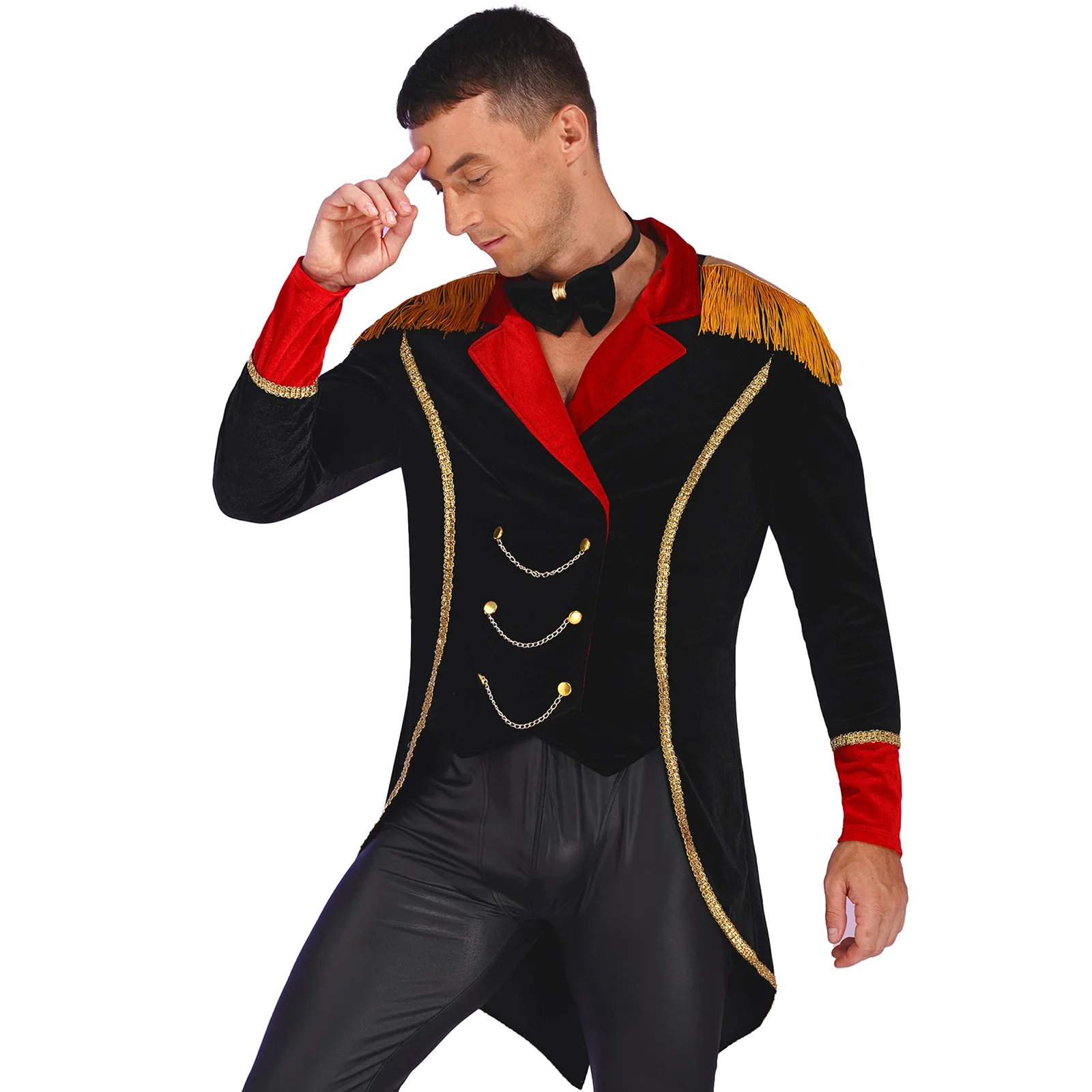Men Long Sleeve Jacket Circus Ringmaster Cosplay Costume Velvet Jacket Metal Chains Long Sleeve Swallow-Tailed Coat with Bow Tie
Men Long Sleeve Jacket Circus Ringmaster Cosplay Costume Velvet Jacket Metal Chains Long Sleeve Swallow-Tailed Coat with Bow Tie