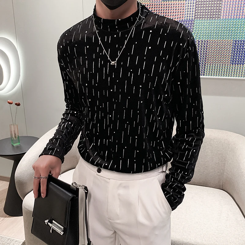 Autumn Winter Velvet Rhinestone T-shirt for Men Long Sleeve Half Turtleneck T-shirt Casual Business Social Bottoming Shirt 2023
Autumn Winter Velvet Rhinestone T-shirt for Men Long Sleeve Half Turtleneck T-shirt Casual Business Social Bottoming Shirt 2023