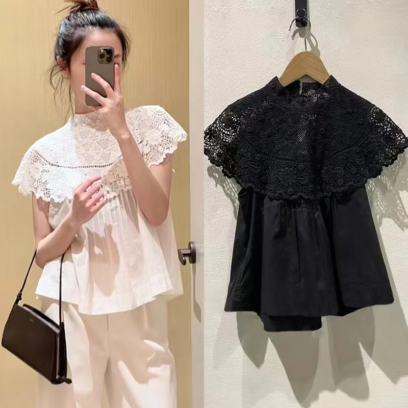 

Cross border e-commerce Rux77 2024 Spring/Summer Retro Half High Collar Hollow Embroidered Lace Sleeveless Cover Up
