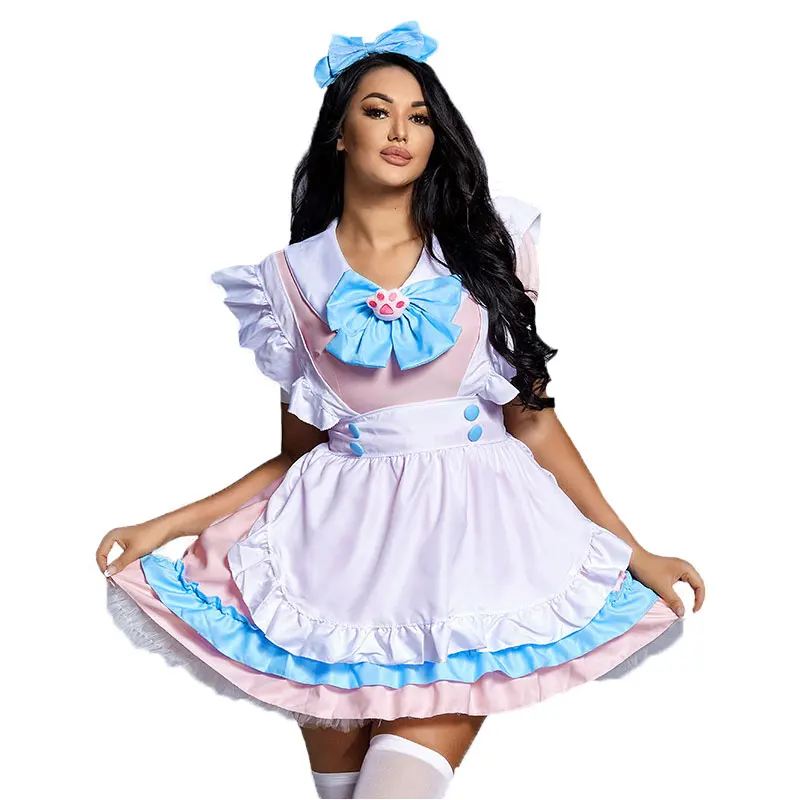 

Women Pink Blue Cat Paw Bow-knot Loli Maid Waitress Costume Cosplay Uniform Halloween Fancy Dress