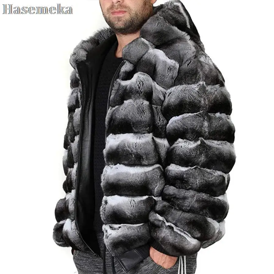 

Hooded Warm Coat Real Rex Rabbit Fur Outwear Coat For Men Winter Fashion Zipper Closure Plus Size Customized Fur Jacket