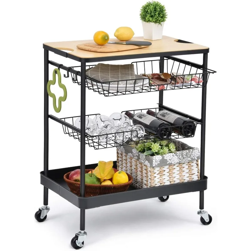 

Kitchen Island Serving Cart with Utility Wood Tabletop, 4-Tier Rolling Storage Cart with 2 Basket Drawers, Kitchen Cart with