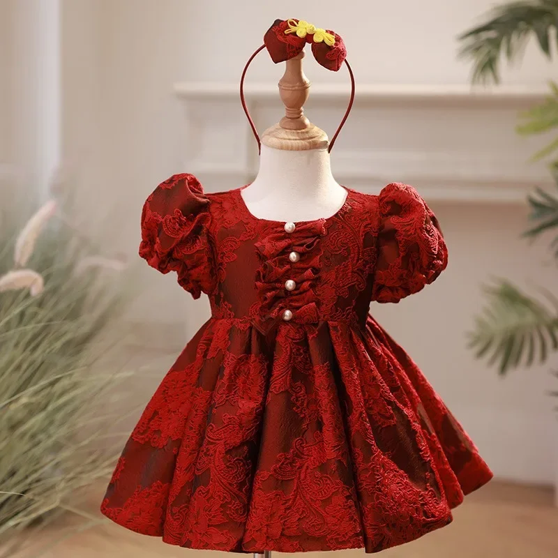 

Lace Dress Matching Children Flower Girl Outfit Birthday Baptism Elegant Kids Bow Frocks Boutique Party Wear Red Ball Gown