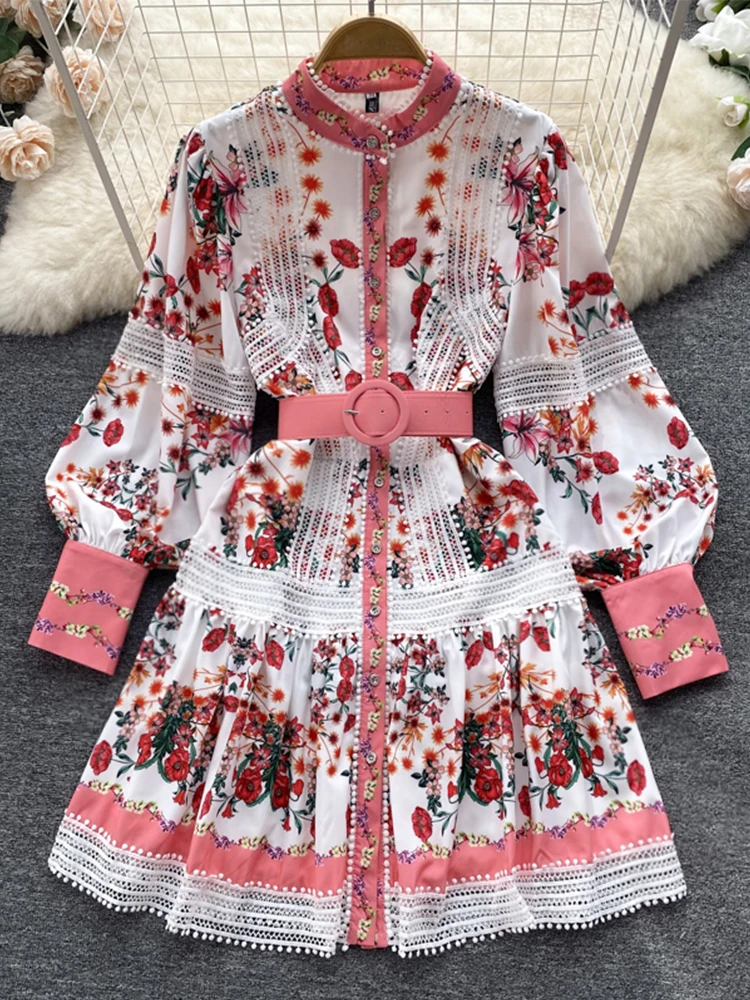 

Runway Lace Trims Embroidery Hollow Out Stitching Flower Dress Women Long Lantern Sleeve Floral Print Belted Mini Vestido 6509