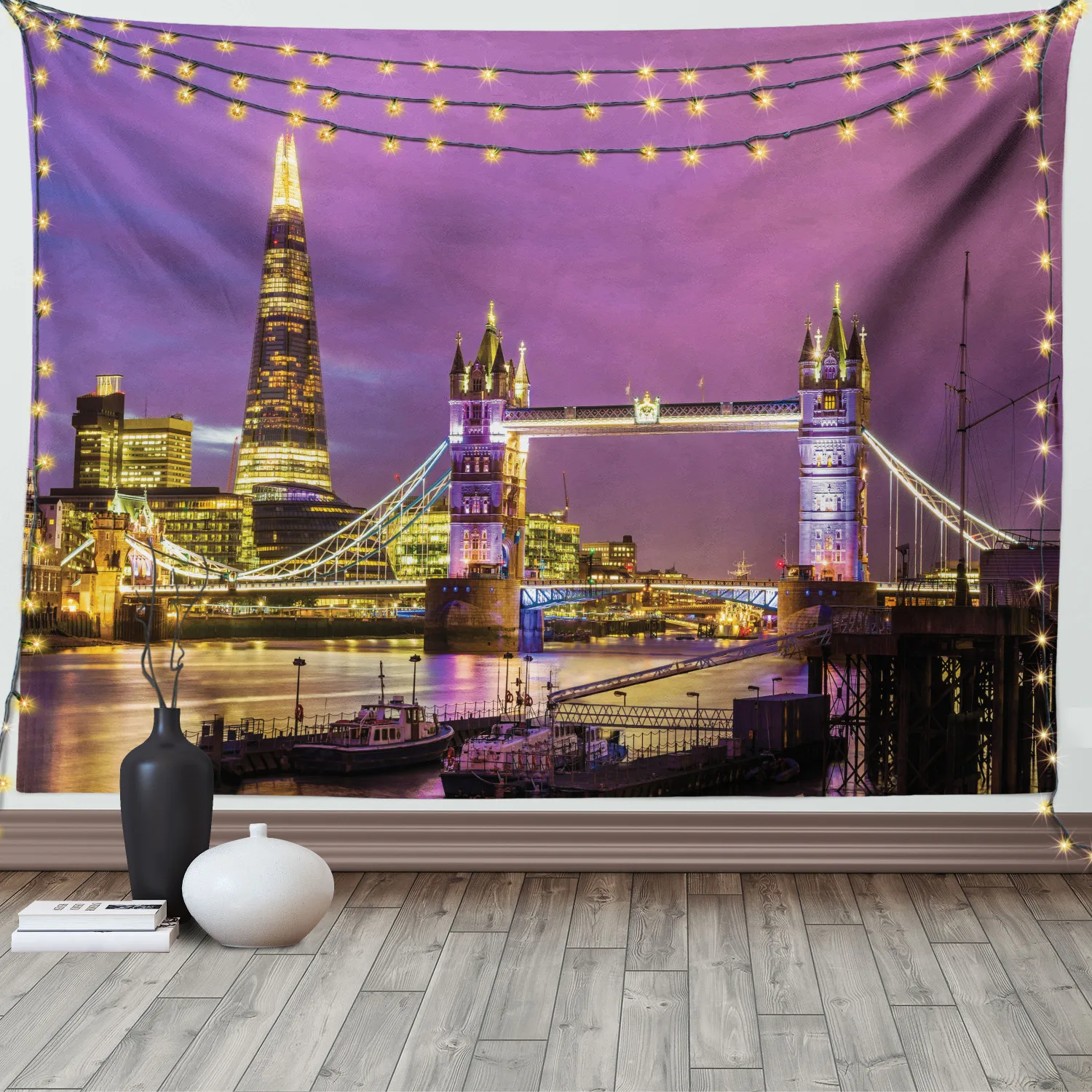 London Tapestry Tower Bridge at Purple Night Satin Fabric Wall Hanging for Bedroom Living Room Dorm Meeting Background |