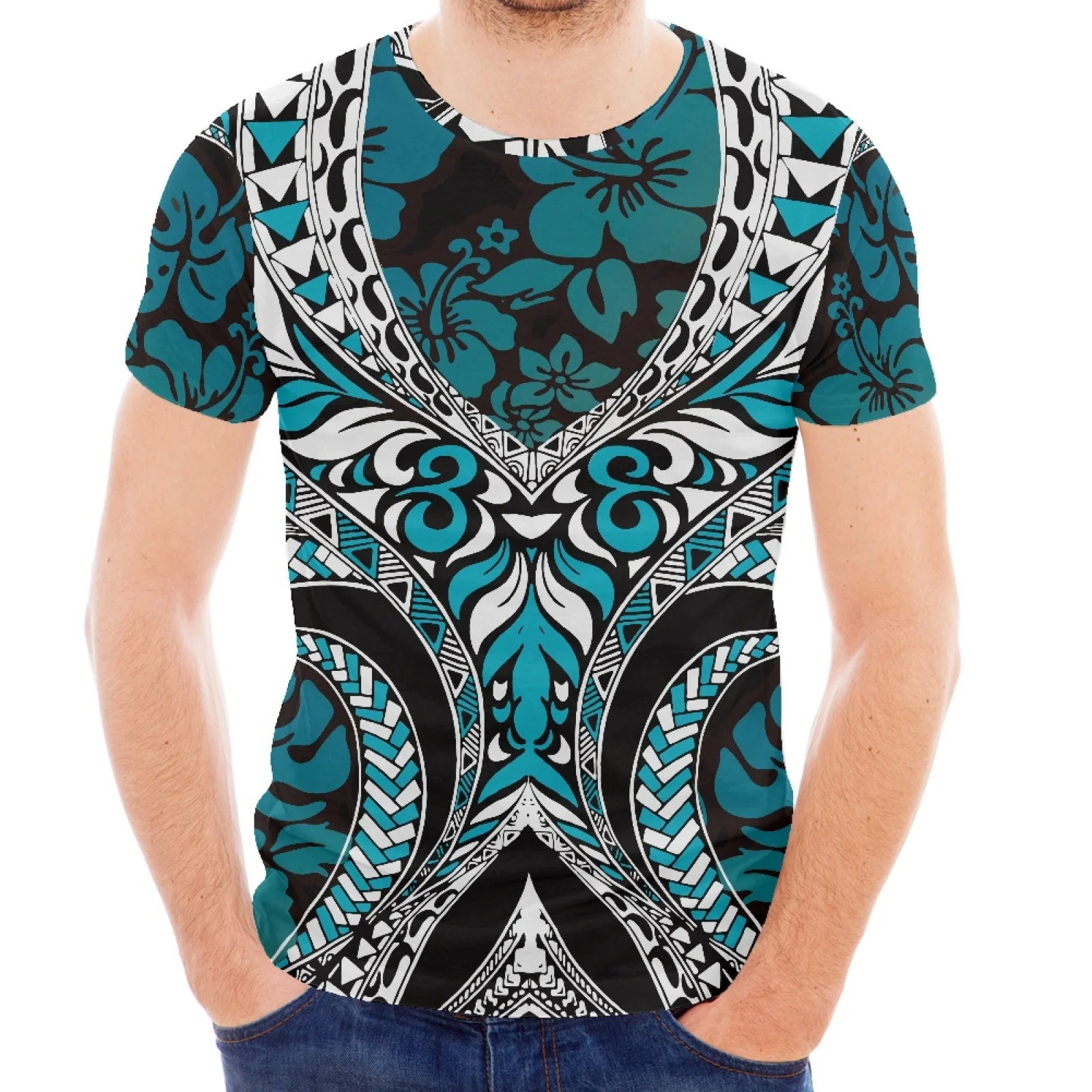 

Floral Tattoo Pattern Polynesian Traditional Tribal Style Hawaiian Round Neck Casual Short Sleeve Spring And Summer Travel Style