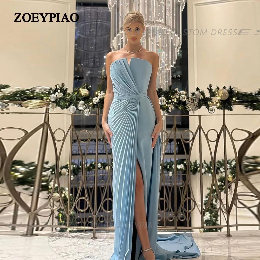 

Light Blue Strapless Sexy Slit Prom Dress Strapless Saudi Arabic Evening Party Gowns Formal Event Robe De Soirée Floor Length