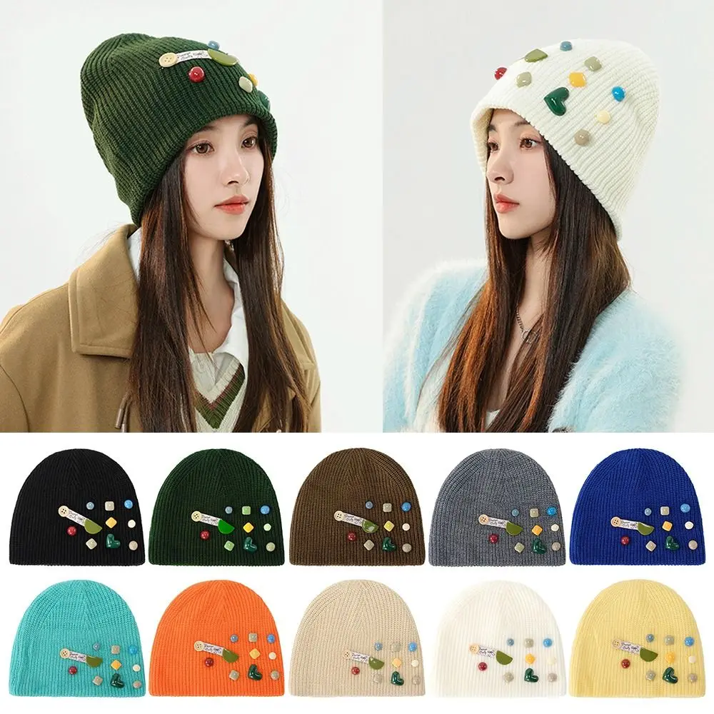 

Keep Warm Winter Knit Hat Fashion Button Decorated Solid Color Beanie Hat without Eaves Winter Hats Women