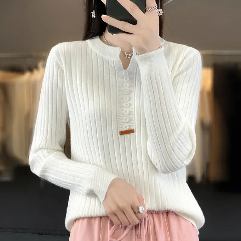 

Elegant Commute Women's Clothing Button Spliced Knitted Pullovers Autumn Winter Fashion Simplicity Long Sleeve Solid Sweaters