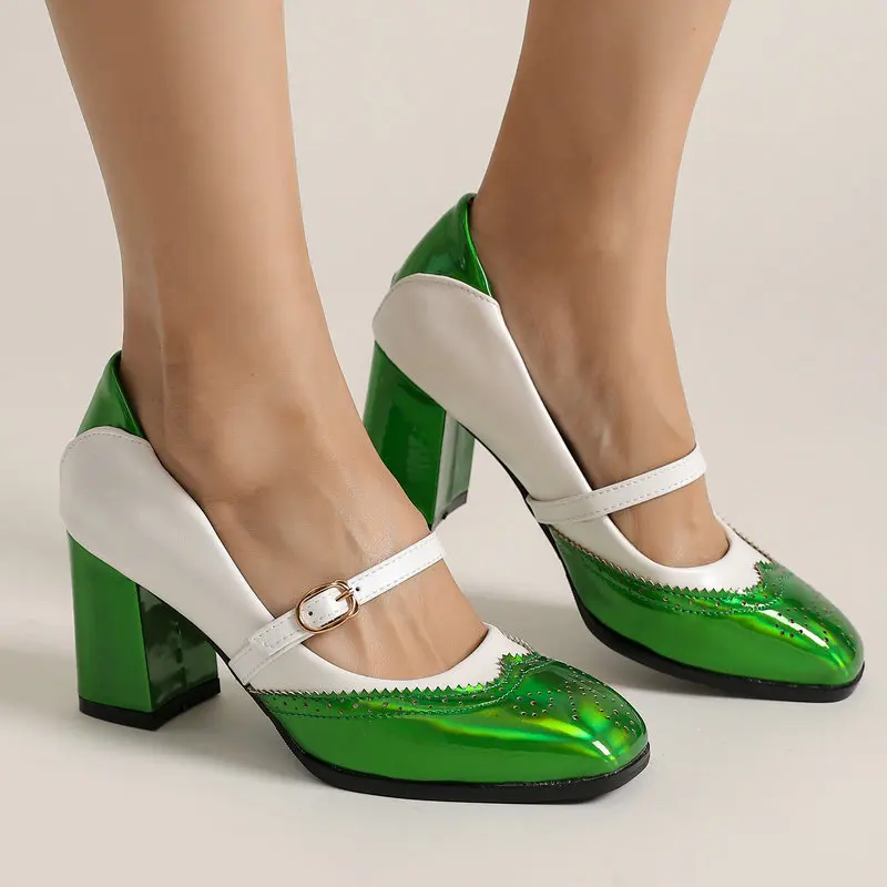 

Vintage Brogue Design Green White Contrast Color Buckle Strap Woman Heels Oversized 48 49 50 Chunky High Heeled Mary Janes Pumps