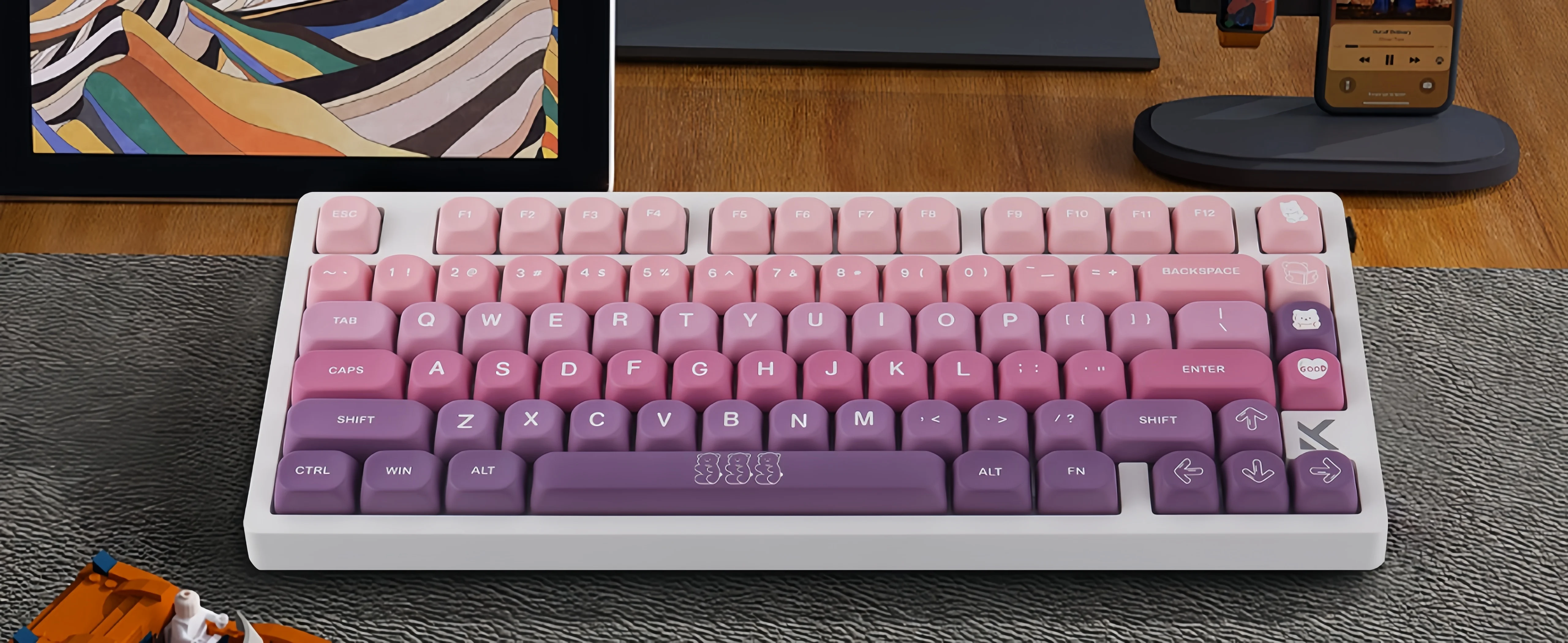 Purple bear themed gaming keyboard keycaps final image