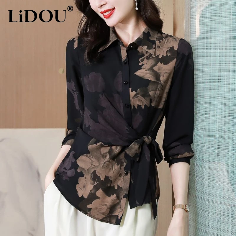 2023 Spring Long Sleeve Chiffon Shirt Women POLO Collar Single Breasted Floral Printing Blouse Ladies Asymmetrical Sashes Tops 
2023 Spring Long Sleeve Chiffon Shirt Women POLO Collar Single Breasted Floral Printing Blouse Ladies Asymmetrical Sashes Tops