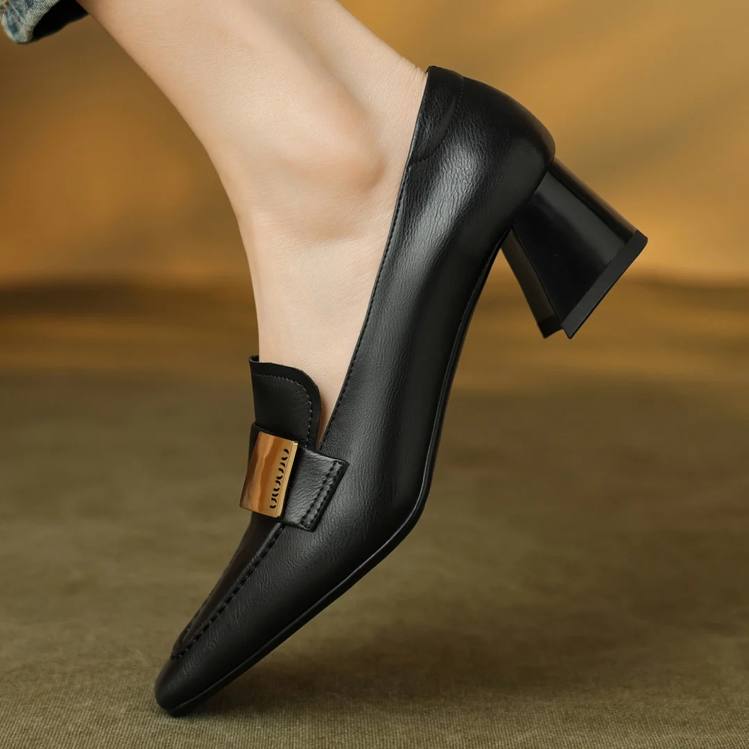

Plus size 34-42 women's genuine leather square toe slip-on pumps elegant ladies OL style 4.5cm thick med heel dress heeled shoes