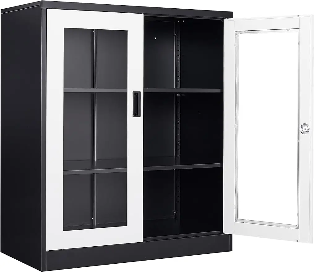 

Metal Storage Cabinet with Glass Doors 36H/71H - Locking Display Cabinet with 2 Adjustable Shelves, 3-Tier Steel Cabinet Locker