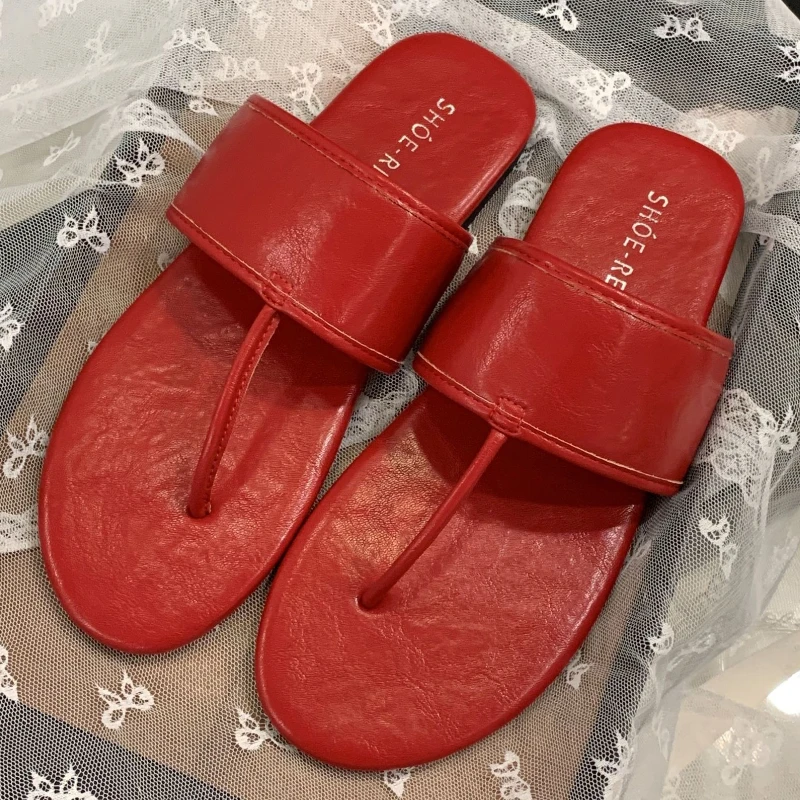 T-tied Soft Leather Flat Sandals Female Pointed Toe Clip Toe Flip-flops Summer Fashion Comfortable Non-slip Vacation Beach Shoes 24 Sbfbaffb88a05444eb0a8dd3555d23fffi