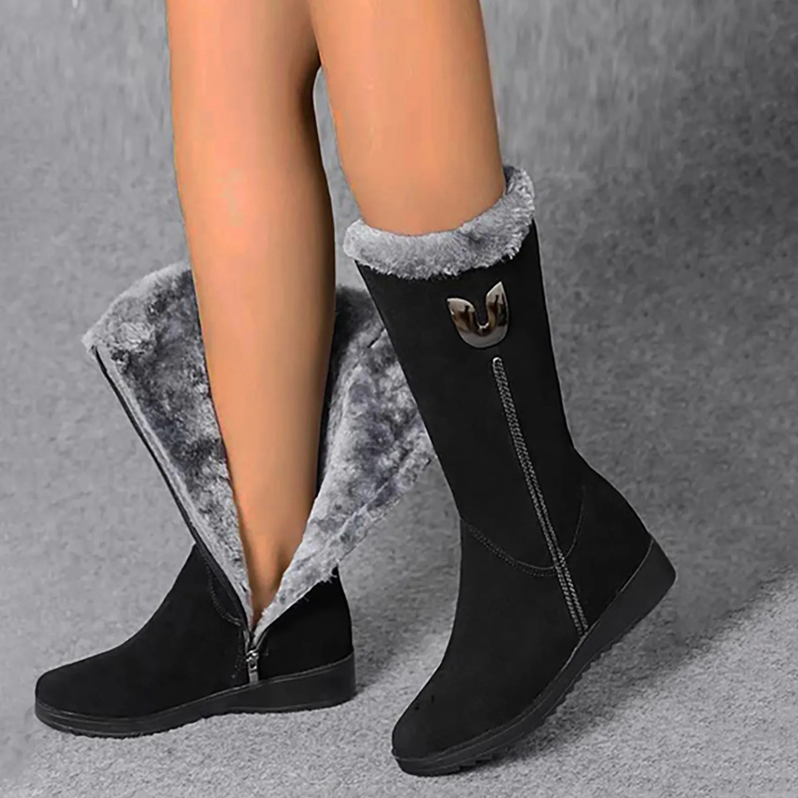 

Warm Chelsea High Fur Boots Women 2023 Winter Shoes For Women Chunky Mid-calf Plush Snow Flat Boots Zip Fashion Botas De Mujer