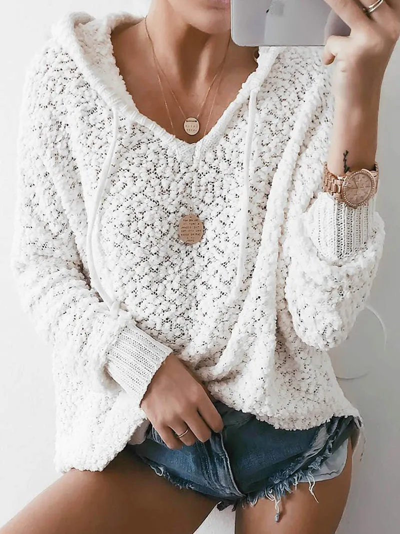 

Women Winter Fashion Korean Style White Pullover Sweaters Knitwear Jumpers Solid Hooded Casual Stylish Knitted Sweater Lady