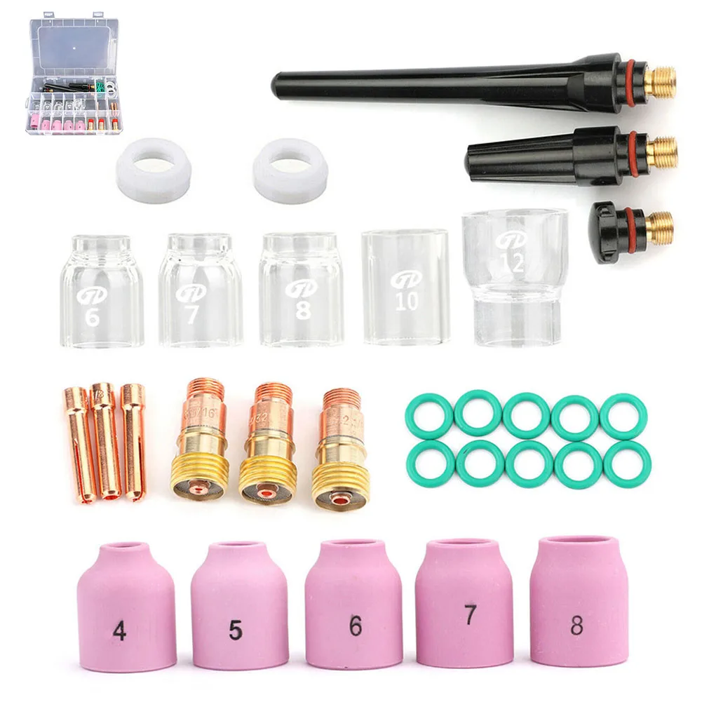 31Pcs TIG Welding Torch Stubby Gas Lens #12 Glass Cup Kit For WP-17/18/26 TIG Welding Torch Stub Welding Accessories
31Pcs TIG Welding Torch Stubby Gas Lens #12 Glass Cup Kit For WP-17/18/26 TIG Welding Torch Stub Welding Accessories