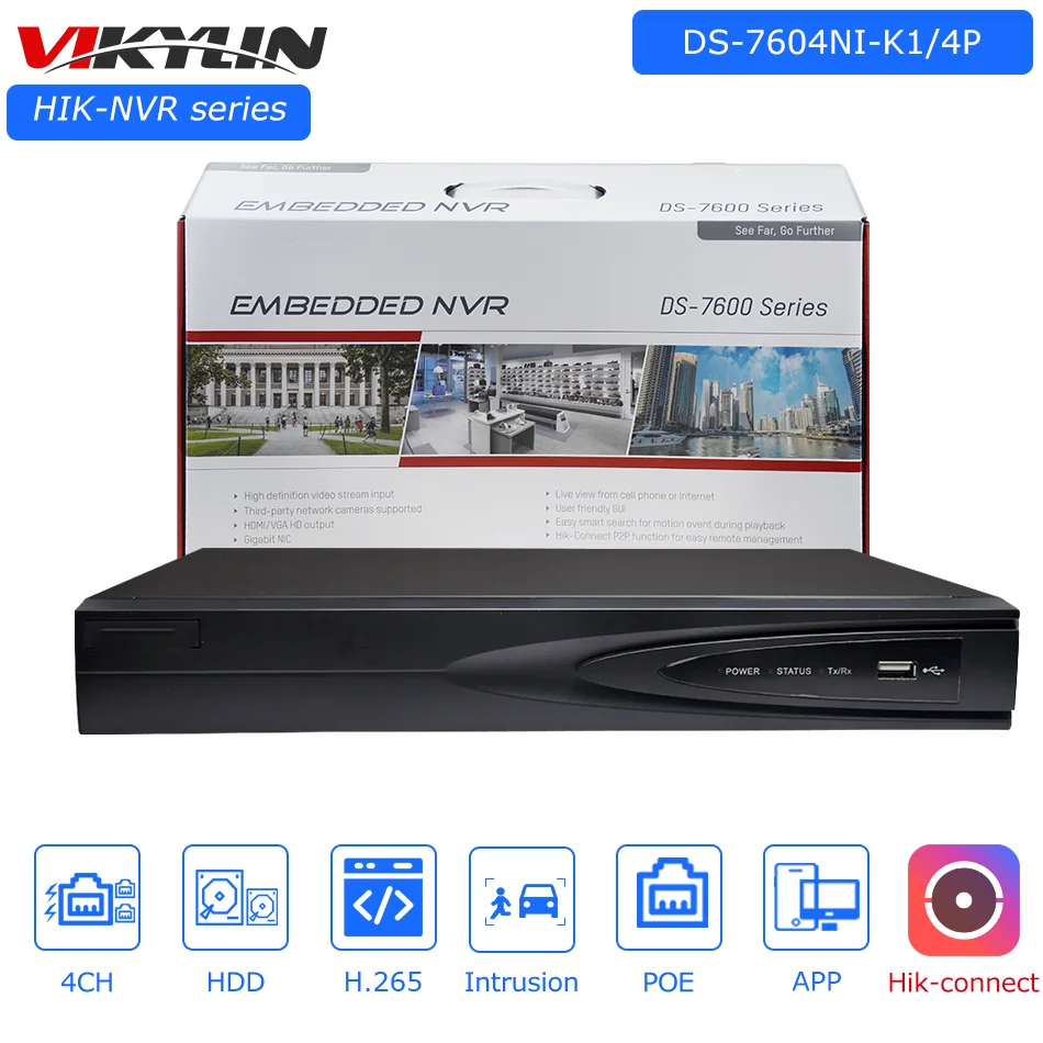 

ViKylin Hikvision 4CH 4POE NVR DS-7604NI-K1/4P 1SATA interface Security Surveillance Network Video Recorder for IP Camera