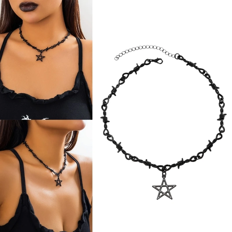 

Punk Thorn Choker Necklace Gothic Style Metal Chain Star Charm Pendant Neckchain Cool Girls Neckwear for Women Lady