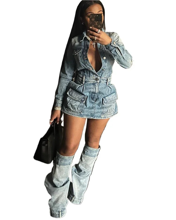 

Club Wear Vintage Denim Dress Set Y2K Streetwear Sexy Jeans Lapel Neck Shirts Cargo Dress with Leg Covers 2023