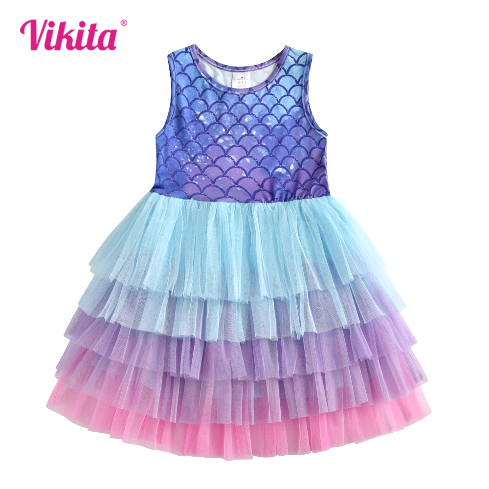 

VIKITA Kids Tutu Princess Dresses Girls Mermaid Print Sleeveless Summer Dress Girls Party Prom Gown Mesh Tulle Layered Dress