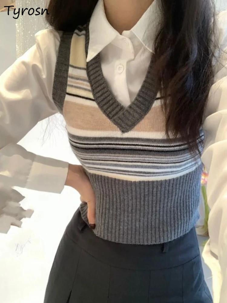 

Preppy Style 2 Pcs Gentle Cozy Autumn Knitting Crop Slim Striped Sweater Vests Ulzzang Y2k Classic Girlish Shirts Daily Outfits