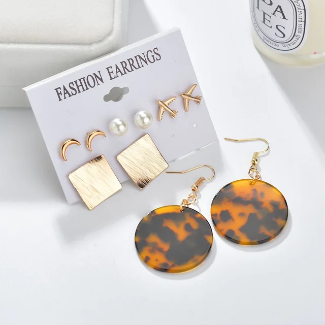 Ensemble de boucles d'oreilles en métal acrylique pour femmes, boucles d'oreilles pendantes rondes, lune d'avion losange, bijoux fantaisie, mode, 5 paires 1