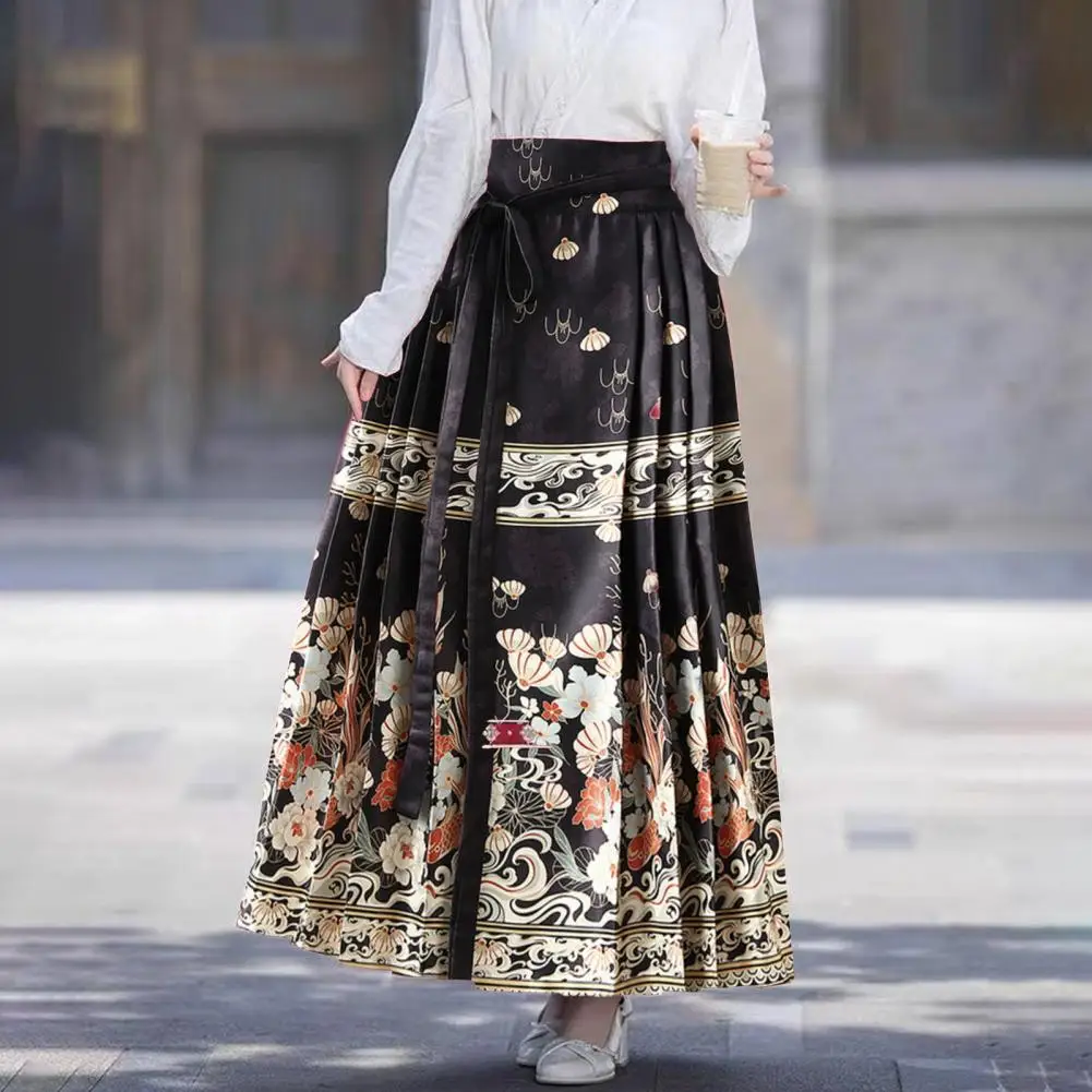 

Chinese Ming Style Women Maxi Skirt High Waist Vintage Skirt Elegant Seft Tie Floral Print Hanfu Pleated Horse Face Skirt