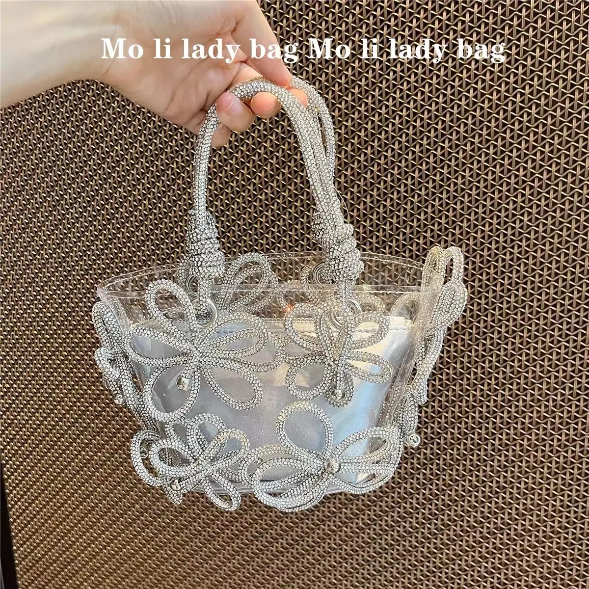 

Transparent PVC Bling Bucket Bag Women Fashion Handbag Glitter Shiny Diamonds Floral Evening Bag Wedding Party Clutch Purse