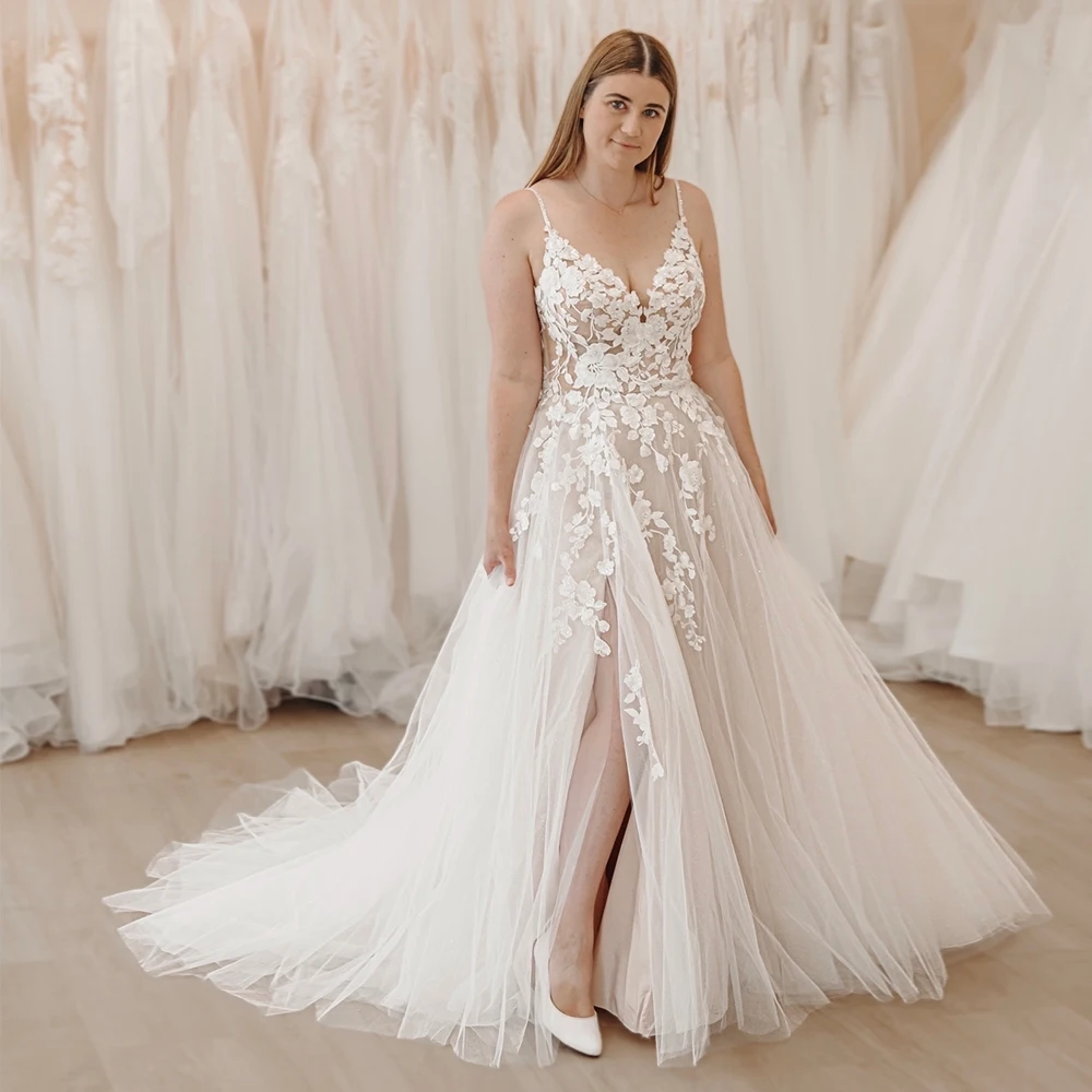 

Spaghetti Straps Strapless Wedding Dresses for WOmen Side Slit Bridal Gowns with Lace 2024 Summer New Soft Tulle Vestido De