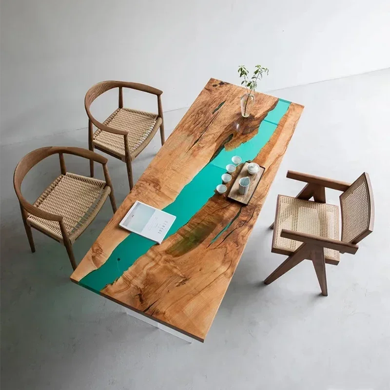 

Epoxy resin river table Custom size color sea wave solid wood board, log tea creative furniture