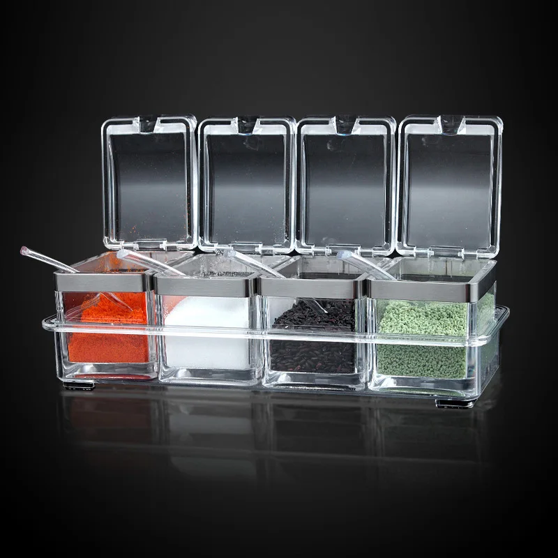 

Акриловая прозрачная коробка для приправ, съемная стойка для специй, банка, органайзер для соли и сахара, контейнер с крышкой, ложка, специи, соли и сахара