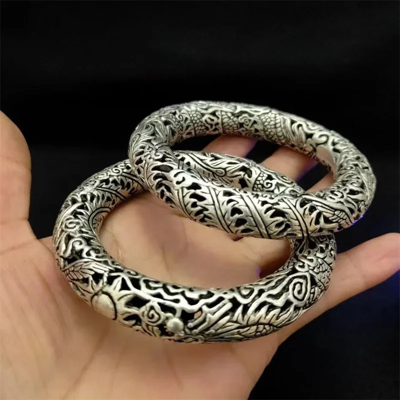 

Hand-carved Chiseled Old Tibetan Silver Hollow Carved Dragon Phoenix Bangles Exquisite Bracelets Men and Women Gift