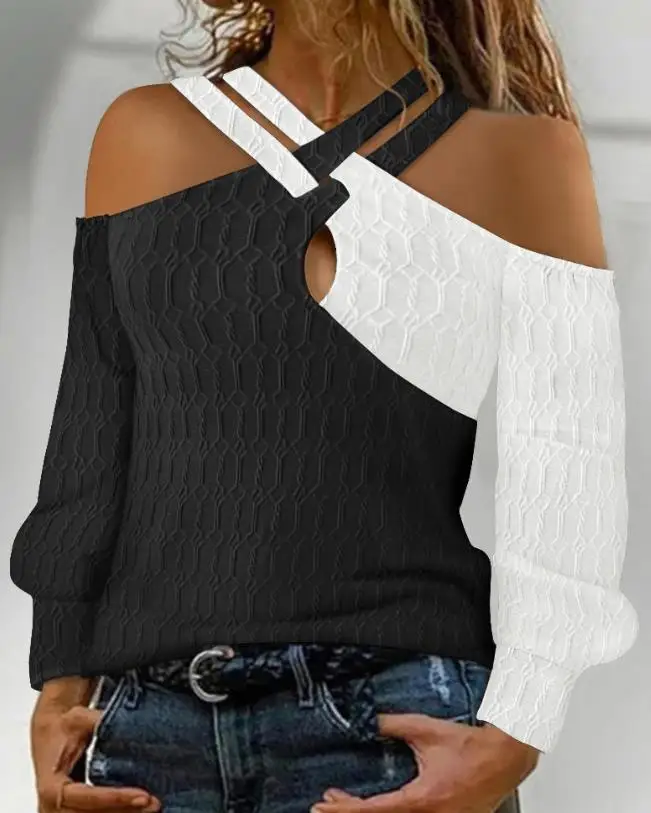 

Summer 2023 Women Casual Long Sleeve Criss Cross Christmas Medium Stretch Colorblock Cold Shoulder Cable Textured Top